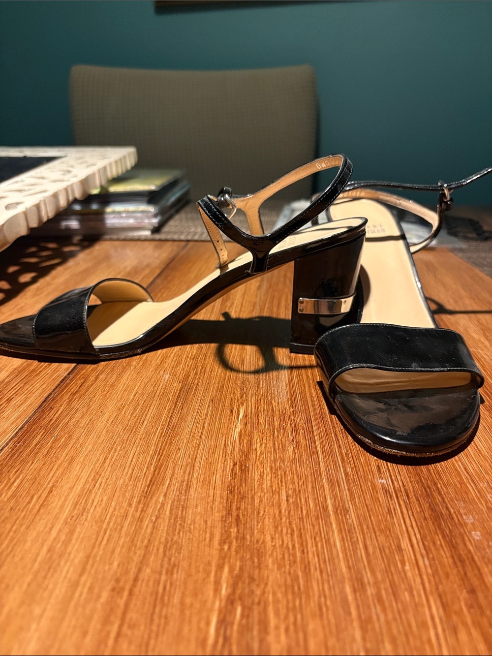Stuart Weitzman Black Patent Leather Block Heel Sandals